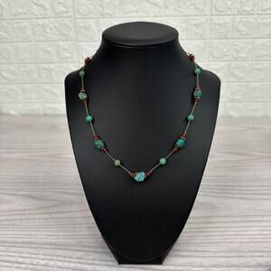 Single Strand Handcrafted Beaded Boho Necklace Turquoise Stone and Red  Beads